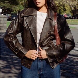 Princess Polly Dark Brown Leather bomber Jacket